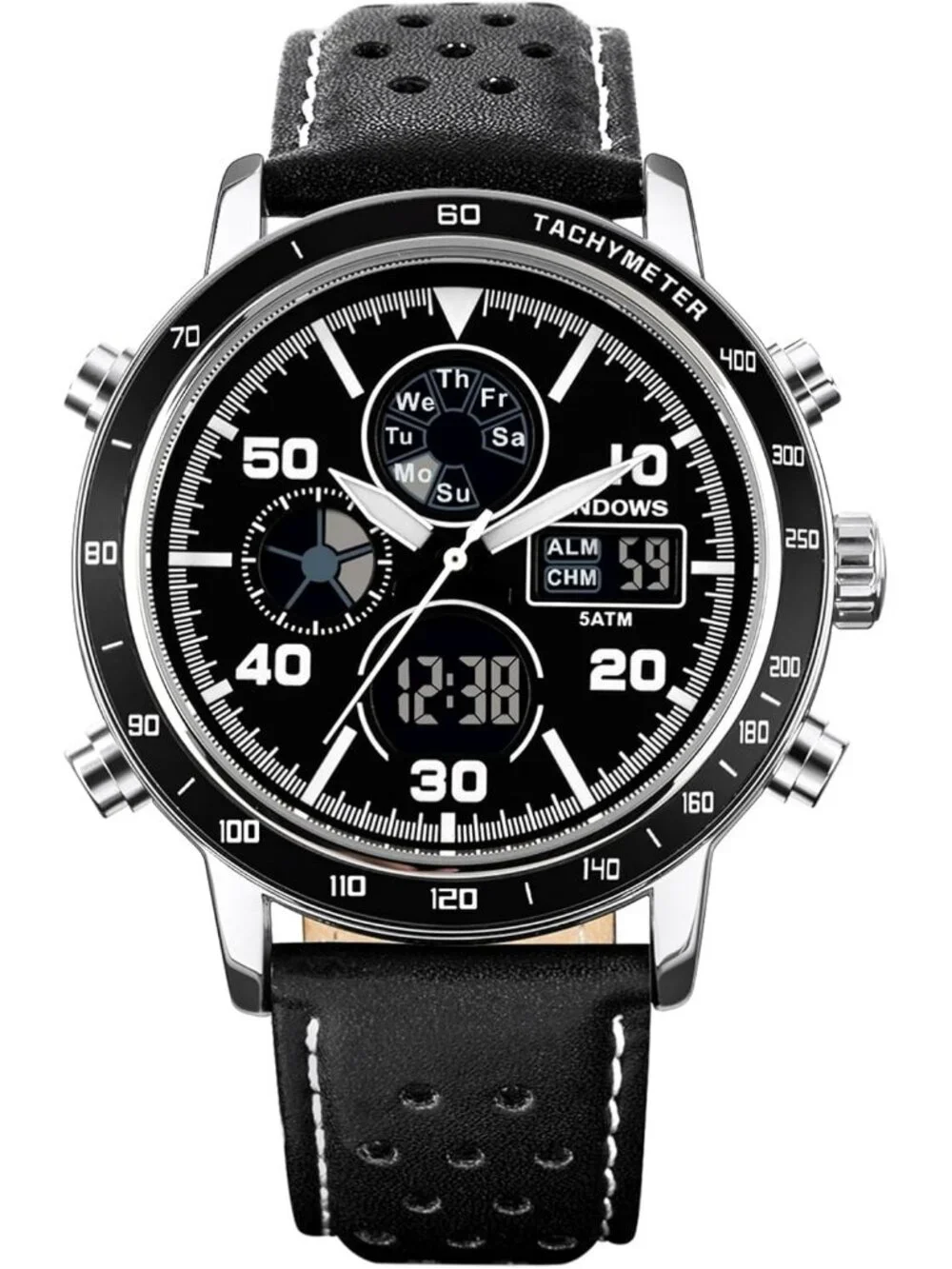 Men's All Black Analog Leather Waterproof Military Multifunctional Digital Watch